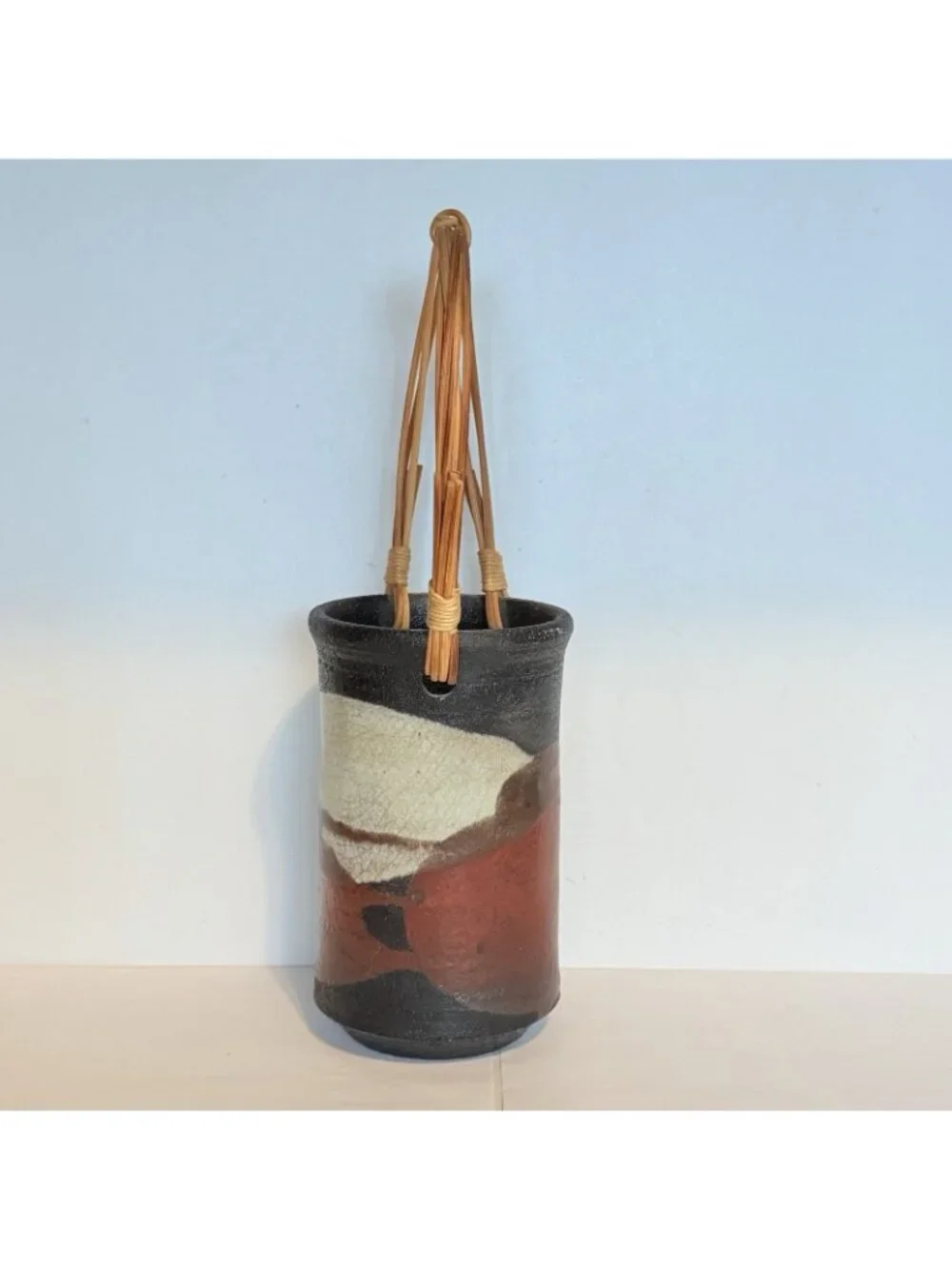 Warren Andrade Raku Pottery Vase 1999 Bamboo Handle Hawaii Artist 12